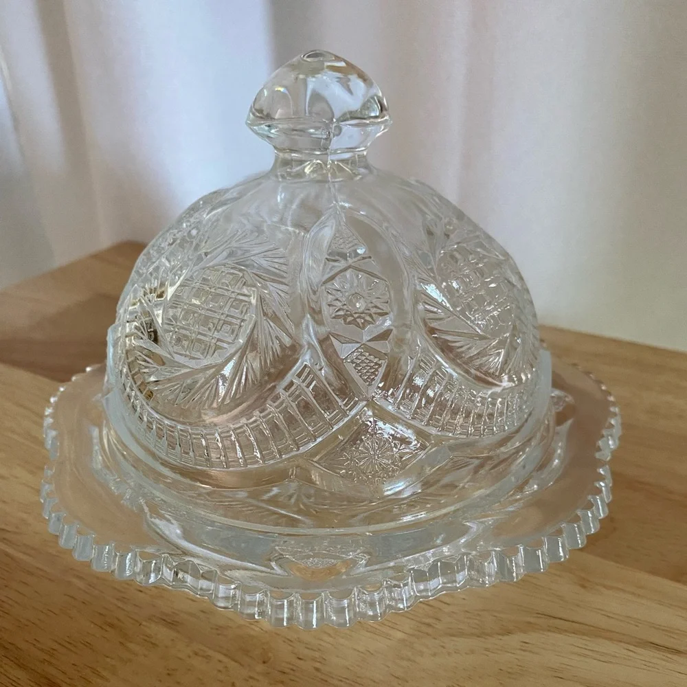 Vintage L.E. Smith Sunburst Pressed Clear Glass Round Covered Butter Dish Retro - Picture 8 of 11